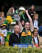 12 April 2025; Kelly Enright of Kerry celebrates with the cup after her side's victory in the Lidl Ladies National Football League Division 1 final match between Armagh and Kerry at Croke Park in Dublin. Photo by Sam Barnes/Sportsfile