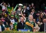12 April 2025; Niamh Quinn of Kerry celebrates with the cup after her side's victory in the Lidl Ladies National Football League Division 1 final match between Armagh and Kerry at Croke Park in Dublin. Photo by Sam Barnes/Sportsfile
