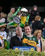 12 April 2025; Niamh Carmody of Kerry celebrates with the cup after her side's victory in the Lidl Ladies National Football League Division 1 final match between Armagh and Kerry at Croke Park in Dublin. Photo by Sam Barnes/Sportsfile