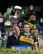12 April 2025; Leah Boyle of Kerry celebrates with the cup after her side's victory in the Lidl Ladies National Football League Division 1 final match between Armagh and Kerry at Croke Park in Dublin. Photo by Sam Barnes/Sportsfile