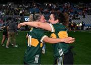 12 April 2025; Kerry players Niamh Ní Chonchúir, left, and Aishling O'Connell celebrate after their side's victory in the Lidl Ladies National Football League Division 1 final match between Armagh and Kerry at Croke Park in Dublin. Photo by Sam Barnes/Sportsfile
