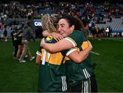 12 April 2025; Kerry players Niamh Ní Chonchúir, left, and Aishling O'Connell celebrate after their side's victory in the Lidl Ladies National Football League Division 1 final match between Armagh and Kerry at Croke Park in Dublin. Photo by Sam Barnes/Sportsfile