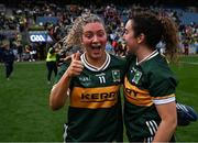 12 April 2025; Kerry players Niamh Ní Chonchúir, left, and Aishling O'Connell celebrate after their side's victory in the Lidl Ladies National Football League Division 1 final match between Armagh and Kerry at Croke Park in Dublin. Photo by Sam Barnes/Sportsfile