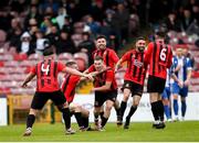 19 April 2025; Glenn Towler of Ringmahon Rangers FC, centre,  celebrates after scoring his side's first goal during the FAI Intermediate Cup final match between College Corinthians AFC and Ringmahon Rangers FC at Turners Cross Stadium in Cork. Photo by Michael P Ryan/Sportsfile