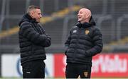 19 April 2025; Fermanagh manager Kieran Donnelly, left, and Down coach Ciaran Meenagh before the Ulster GAA Football Senior Championship quarter-final match between Fermanagh and Down at Brewster Park in Enniskillen, Fermanagh. Photo by Ramsey Cardy/Sportsfile