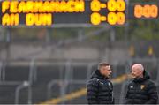 19 April 2025; Fermanagh manager Kieran Donnelly, left, and Down coach Ciaran Meenagh before the Ulster GAA Football Senior Championship quarter-final match between Fermanagh and Down at Brewster Park in Enniskillen, Fermanagh. Photo by Ramsey Cardy/Sportsfile