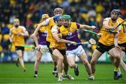 19 April 2025; Kevin Foley of Wexford in action against Stephen Rooney and Gerard Walsh of Antrim during the Leinster GAA Hurling Senior Championship Round 1 match between Wexford and Antrim at Chadwicks Wexford Park in Wexford. Photo by Matt Browne/Sportsfile
