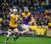 19 April 2025; Eoin Ryan of Wexford in action against Seann Elliot of Antrim during the Leinster GAA Hurling Senior Championship Round 1 match between Wexford and Antrim at Chadwicks Wexford Park in Wexford. Photo by Matt Browne/Sportsfile