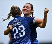 19 April 2025; Emma Doherty of Galway United, left, celebrates with team-mate Jodie Griffin after scoring her side's first goal during the SSE Airtricity Women's Premier Division match between Sligo Rovers and Galway United at The Showgrounds in Sligo. Photo by Tyler Miller/Sportsfile