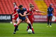 19 April 2025; Muireann Devaney of Sligo Rovers in action against Isabella Beletic of Galway United during the SSE Airtricity Women's Premier Division match between Sligo Rovers and Galway United at The Showgrounds in Sligo. Photo by Tyler Miller/Sportsfile
