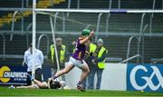 19 April 2025; Kevin Foley of Wexford celebrates after scoring the first goal during the Leinster GAA Hurling Senior Championship Round 1 match between Wexford and Antrim at Chadwicks Wexford Park in Wexford. Photo by Matt Browne/Sportsfile