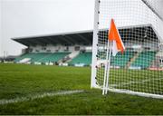 19 April 2025; A detailed view of the orange goal flag before the Connacht GAA Football Senior Championship semi-final match between Leitrim and Mayo at Avant Money Páirc Seán Mac Diarmada in Carrick-on-Shannon, Leitrim. Photo by Thomas Flinkow/Sportsfile