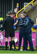19 April 2025; Antrim manager Davy Fitzgerald is yellow carded by referee Colm Lyons during the Leinster GAA Hurling Senior Championship Round 1 match between Wexford and Antrim at Chadwicks Wexford Park in Wexford. Photo by Matt Browne/Sportsfile