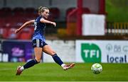 19 April 2025; Emma Doherty of Galway United has an attempt on goal during the SSE Airtricity Women's Premier Division match between Sligo Rovers and Galway United at The Showgrounds in Sligo. Photo by Tyler Miller/Sportsfile