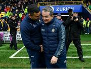 19 April 2025;  Wexford manager Keith Rossiter and Antrim manager Davy Fitzgerald shake hands after the Leinster GAA Hurling Senior Championship Round 1 match between Wexford and Antrim at Chadwicks Wexford Park in Wexford. Photo by Matt Browne/Sportsfile