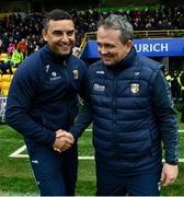 19 April 2025; Wexford manager Keith Rossiter and Antrim manager Davy Fitzgerald shake hands after the Leinster GAA Hurling Senior Championship Round 1 match between Wexford and Antrim at Chadwicks Wexford Park in Wexford. Photo by Matt Browne/Sportsfile