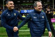 19 April 2025;  Wexford manager Keith Rossiter and Antrim manager Davy Fitzgerald shake hands after the Leinster GAA Hurling Senior Championship Round 1 match between Wexford and Antrim at Chadwicks Wexford Park in Wexford. Photo by Matt Browne/Sportsfile