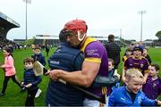19 April 2025; Lee Chin captain of Wexford with Antrim manager Davy Fitzgerald after the Leinster GAA Hurling Senior Championship Round 1 match between Wexford and Antrim at Chadwicks Wexford Park in Wexford. Photo by Matt Browne/Sportsfile