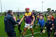 19 April 2025; Lee Chin captain of Wexford shakes hands with Antrim manager Davy Fitzgerald after the Leinster GAA Hurling Senior Championship Round 1 match between Wexford and Antrim at Chadwicks Wexford Park in Wexford. Photo by Matt Browne/Sportsfile
