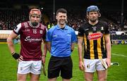 19 April 2025; Referee Sean Stack, centre, is joined by Galway captain Conor Whelan, left, and Kilkenny captain John Donnelly before the Leinster GAA Hurling Senior Championship Round 1 match between Kilkenny and Galway at UPMC Nowlan Park in Kilkenny. Photo by Seb Daly/Sportsfile