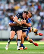 19 April 2025; David Hawkshaw of Connacht is tackled by Salmaan Moerat and Suleiman Hartzenberg of DHL Stormers during the United Rugby Championship match between DHL Stormers and Connacht at DHL Stadium in Cape Town, South Africa. Photo by Shaun Roy/Sportsfile