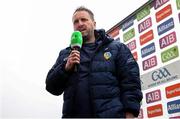 19 April 2025; Leitrim manager Steven Poacher is interviewed before the Connacht GAA Football Senior Championship semi-final match between Leitrim and Mayo at Avant Money Páirc Seán Mac Diarmada in Carrick-on-Shannon, Leitrim. Photo by Thomas Flinkow/Sportsfile