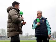 19 April 2025; Mayo manager Kevin McStay is interviewed by GAA+ pundit Aaron Kernan before the Connacht GAA Football Senior Championship semi-final match between Leitrim and Mayo at Avant Money Páirc Seán Mac Diarmada in Carrick-on-Shannon, Leitrim. Photo by Thomas Flinkow/Sportsfile