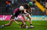 19 April 2025; Galway goalkeeper Darach Fahy in action against Martin Keoghan of Kilkenny during the Leinster GAA Hurling Senior Championship Round 1 match between Kilkenny and Galway at UPMC Nowlan Park in Kilkenny. Photo by Seb Daly/Sportsfile