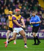 19 April 2025; Lee Chin of Wexford scores a point from a free during the Leinster GAA Hurling Senior Championship Round 1 match between Wexford and Antrim at Chadwicks Wexford Park in Wexford. Photo by Matt Browne/Sportsfile