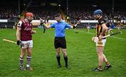 19 April 2025; Referee Sean Stack, centre, is joined by Galway captain Conor Whelan, left, and Kilkenny captain John Donnelly before the Leinster GAA Hurling Senior Championship Round 1 match between Kilkenny and Galway at UPMC Nowlan Park in Kilkenny. Photo by Seb Daly/Sportsfile