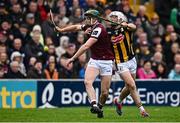 19 April 2025; Cathal Mannion of Galway in action against Cian Kenny of Kilkenny during the Leinster GAA Hurling Senior Championship Round 1 match between Kilkenny and Galway at UPMC Nowlan Park in Kilkenny. Photo by Seb Daly/Sportsfile