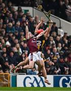 19 April 2025; TJ Brennan of Galway and Fionán Mackessy of Kilkenny contest a high ball during the Leinster GAA Hurling Senior Championship Round 1 match between Kilkenny and Galway at UPMC Nowlan Park in Kilkenny. Photo by Seb Daly/Sportsfile