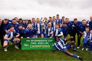 19 April 2025; College Corinthians AFC players celebrate with the cup after the FAI Intermediate Cup final match between College Corinthians AFC and Ringmahon Rangers FC at Turners Cross Stadium in Cork. Photo by Michael P Ryan/Sportsfile