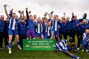 19 April 2025; College Corinthians AFC players celebrate with the cup after the FAI Intermediate Cup final match between College Corinthians AFC and Ringmahon Rangers FC at Turners Cross Stadium in Cork. Photo by Michael P Ryan/Sportsfile
