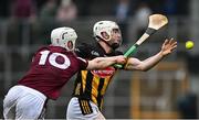 19 April 2025; Jordan Molloy of Kilkenny in action against John Fleming of Galway during the Leinster GAA Hurling Senior Championship Round 1 match between Kilkenny and Galway at UPMC Nowlan Park in Kilkenny. Photo by Seb Daly/Sportsfile