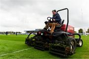 19 April 2025; Groundsman David Hoey cuts the grass in preparation for the following days game between Clare and Cork in the Munster GAA Senior Hurling Championship after the Munster GAA Football Senior Championship semi-final match between Clare and Tipperary at Zimmer Biomet Cusack Park in Ennis, Clare. Photo by Tom Beary/Sportsfile