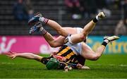 19 April 2025; Martin Keoghan of Kilkenny tussles with Jack Grealish of Galway during the Leinster GAA Hurling Senior Championship Round 1 match between Kilkenny and Galway at UPMC Nowlan Park in Kilkenny. Photo by Seb Daly/Sportsfile