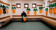 19 April 2025; Offaly kitman Michael Spain adds GPS units to Offaly jerseys before the Leinster GAA Hurling Senior Championship Round 1 match between Dublin and Offaly at Parnell Park in Dublin. Photo by Ray McManus/Sportsfile