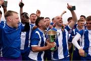 19 April 2025; College Corinthians AFC players celebrate with the cup after the FAI Intermediate Cup final match between College Corinthians AFC and Ringmahon Rangers FC at Turners Cross Stadium in Cork. Photo by Michael P Ryan/Sportsfile