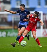 19 April 2025; Kate Thompson of Galway United in action against Cara King of Sligo Rovers during the SSE Airtricity Women's Premier Division match between Sligo Rovers and Galway United at The Showgrounds in Sligo. Photo by Tyler Miller/Sportsfile