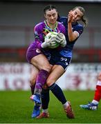 19 April 2025; Sligo Rovers goalkeeper Bonnie McKiernan and Emma Doherty of Galway United collide during the SSE Airtricity Women's Premier Division match between Sligo Rovers and Galway United at The Showgrounds in Sligo. Photo by Tyler Miller/Sportsfile