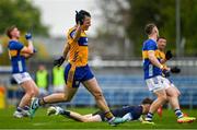 19 April 2025; Mark McInerney of Clare celebrates after scoring his side's first goal during the Munster GAA Football Senior Championship semi-final match between Clare and Tipperary at Zimmer Biomet Cusack Park in Ennis, Clare. Photo by Tom Beary/Sportsfile