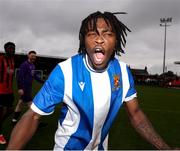 19 April 2025; Destiny Okonkwo of College Corinthians AFC celebrates at full time during the FAI Intermediate Cup final match between College Corinthians AFC and Ringmahon Rangers FC at Turners Cross Stadium in Cork. Photo by Michael P Ryan/Sportsfile