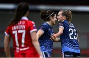 19 April 2025; Emma Doherty of Galway United, right, celebrates with team-mate Rachel Kearns after scoring their side's second goal during the SSE Airtricity Women's Premier Division match between Sligo Rovers and Galway United at The Showgrounds in Sligo. Photo by Tyler Miller/Sportsfile