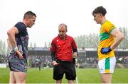 19 April 2025; Referee Niall Cullen performs the coin toss in the presence of Mayo captain Stephen Coen, left, and Leitrim captain Mark Diffley before the Connacht GAA Football Senior Championship semi-final match between Leitrim and Mayo at Avant Money Páirc Seán Mac Diarmada in Carrick-on-Shannon, Leitrim. Photo by Thomas Flinkow/Sportsfile