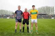 19 April 2025; Referee Niall Cullen with Mayo captain Stephen Coen, left, and Leitrim captain Mark Diffley before the Connacht GAA Football Senior Championship semi-final match between Leitrim and Mayo at Avant Money Páirc Seán Mac Diarmada in Carrick-on-Shannon, Leitrim. Photo by Thomas Flinkow/Sportsfile