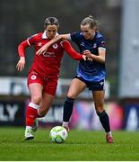 19 April 2025; Emma Doherty of Galway United in action against Leah Kelly of Sligo Rovers during the SSE Airtricity Women's Premier Division match between Sligo Rovers and Galway United at The Showgrounds in Sligo. Photo by Tyler Miller/Sportsfile