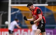 19 April 2025; John McGeough of Down celebrates after kicking a point during the Ulster GAA Football Senior Championship quarter-final match between Fermanagh and Down at Brewster Park in Enniskillen, Fermanagh. Photo by Ramsey Cardy/Sportsfile