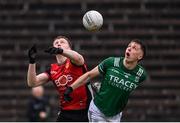 19 April 2025; Odhran Murdock of Down in action against Joe McDade of Fermanagh during the Ulster GAA Football Senior Championship quarter-final match between Fermanagh and Down at Brewster Park in Enniskillen, Fermanagh. Photo by Ramsey Cardy/Sportsfile