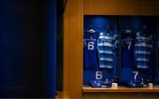 19 April 2025; The kits of Leinster players Alex Soroka, left, and Scott Penny in the Leinster dressingroom before the United Rugby Championship match between Leinster and Ulster at the Aviva Stadium in Dublin. Photo by Brendan Moran/Sportsfile